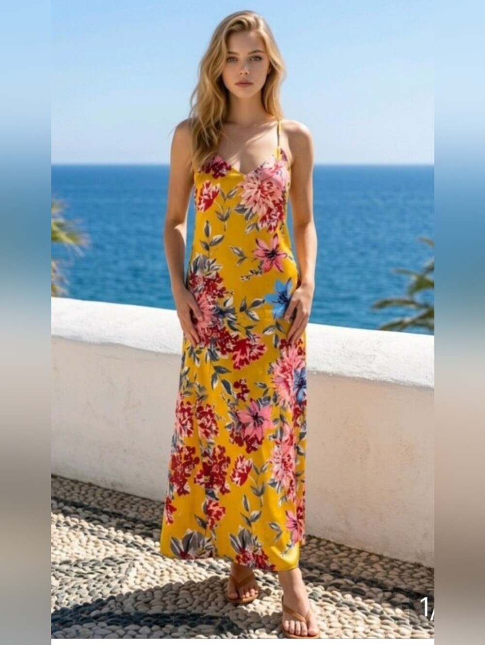 Floral Satin Slip Maxi Dress With Pockets - Yellow Pink /Multi Floral